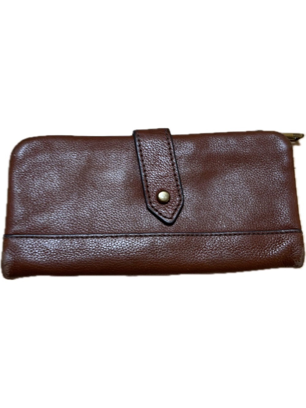Fossil Pebbled Brown Leather Wallet with Snap Strap